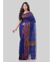 DESH BIDESH Women`s Cotton Handloom Cotton Silk Saree Gulab Work With Blouse Piece(Deep Blue)